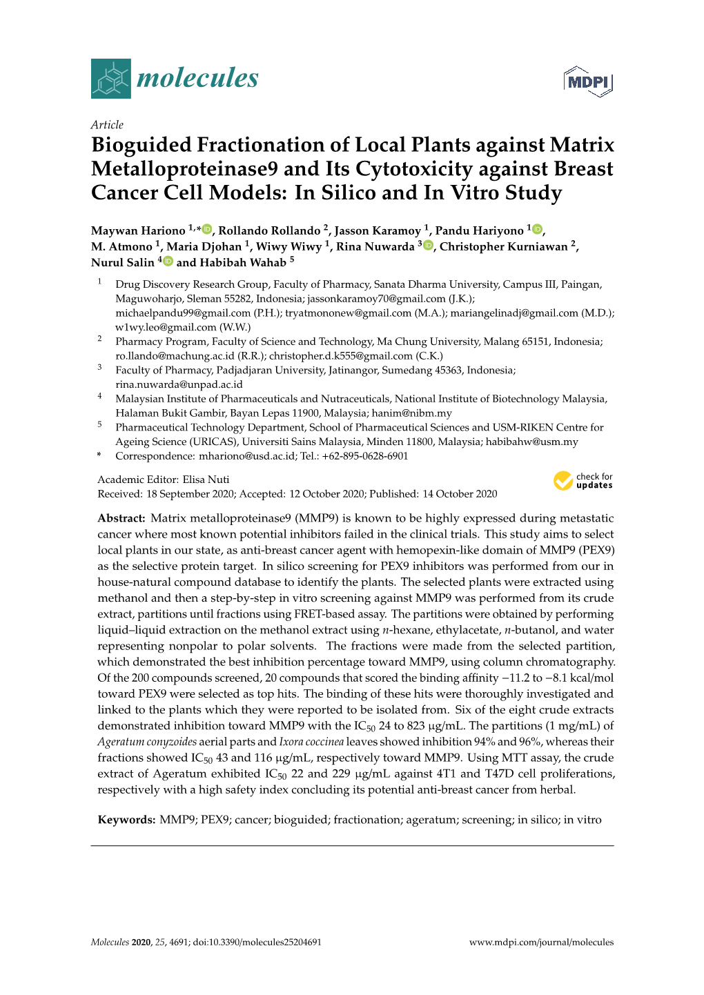 Bioguided Fractionation of Local Plants Against Matrix Metalloproteinase9 and Its Cytotoxicity Against Breast Cancer Cell Models: in Silico and in Vitro Study