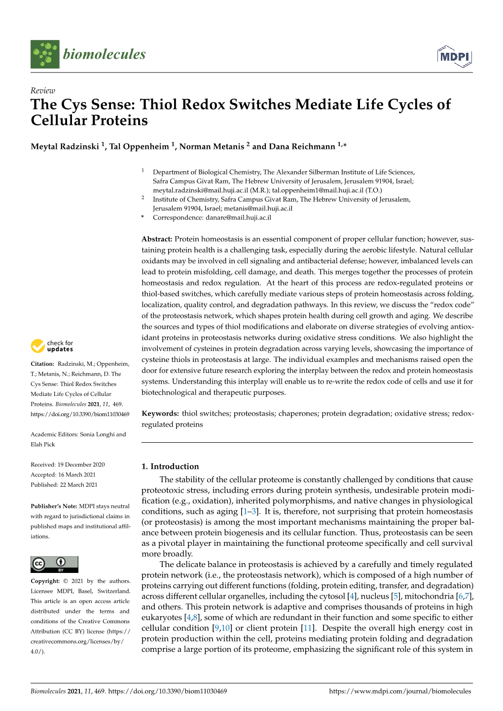 Thiol Redox Switches Mediate Life Cycles of Cellular Proteins