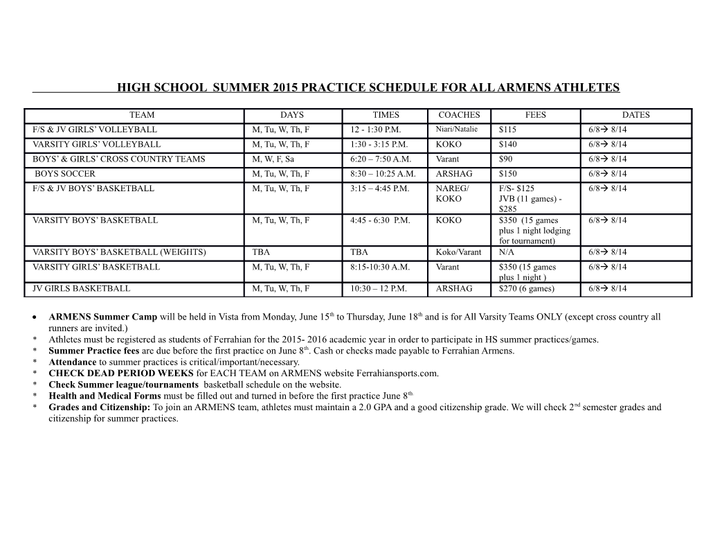 Summer 2011 Practice Schedule for All Armens Athletes