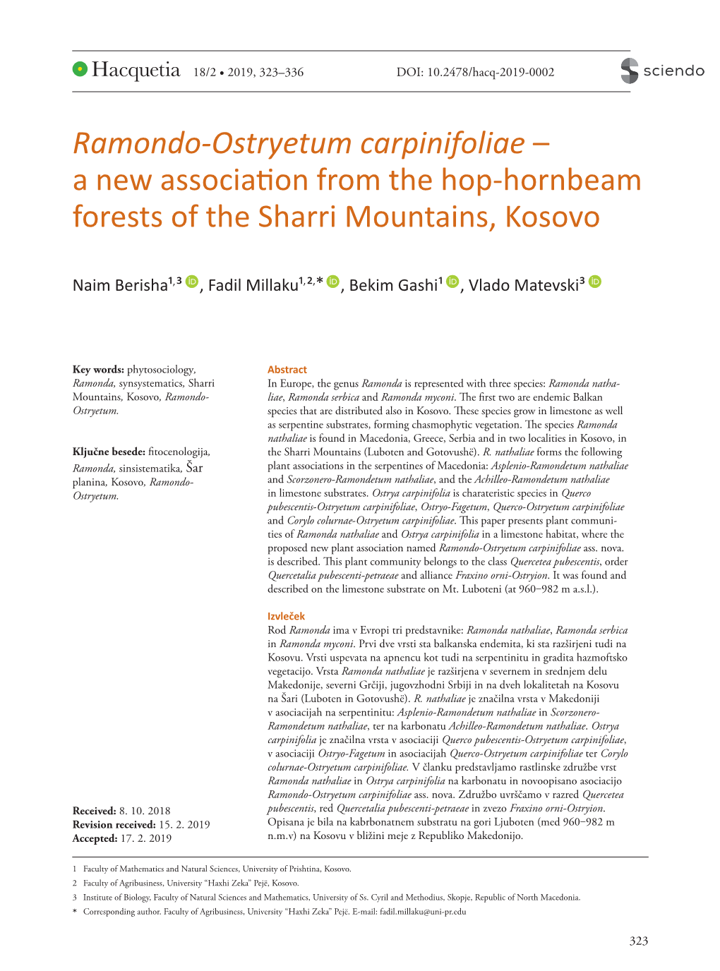 Ramondo-Ostryetum Carpinifoliae – a New Association from the Hop-Hornbeam Forests of the Sharri Mountains, Kosovo