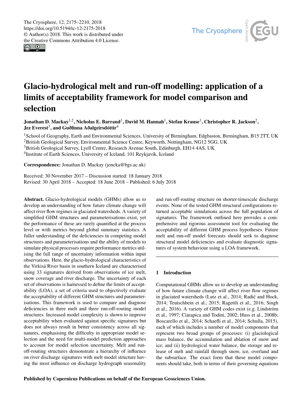 Glacio-Hydrological Melt and Run-Off Modelling: Application of a Limits of Acceptability Framework for Model Comparison and Selection