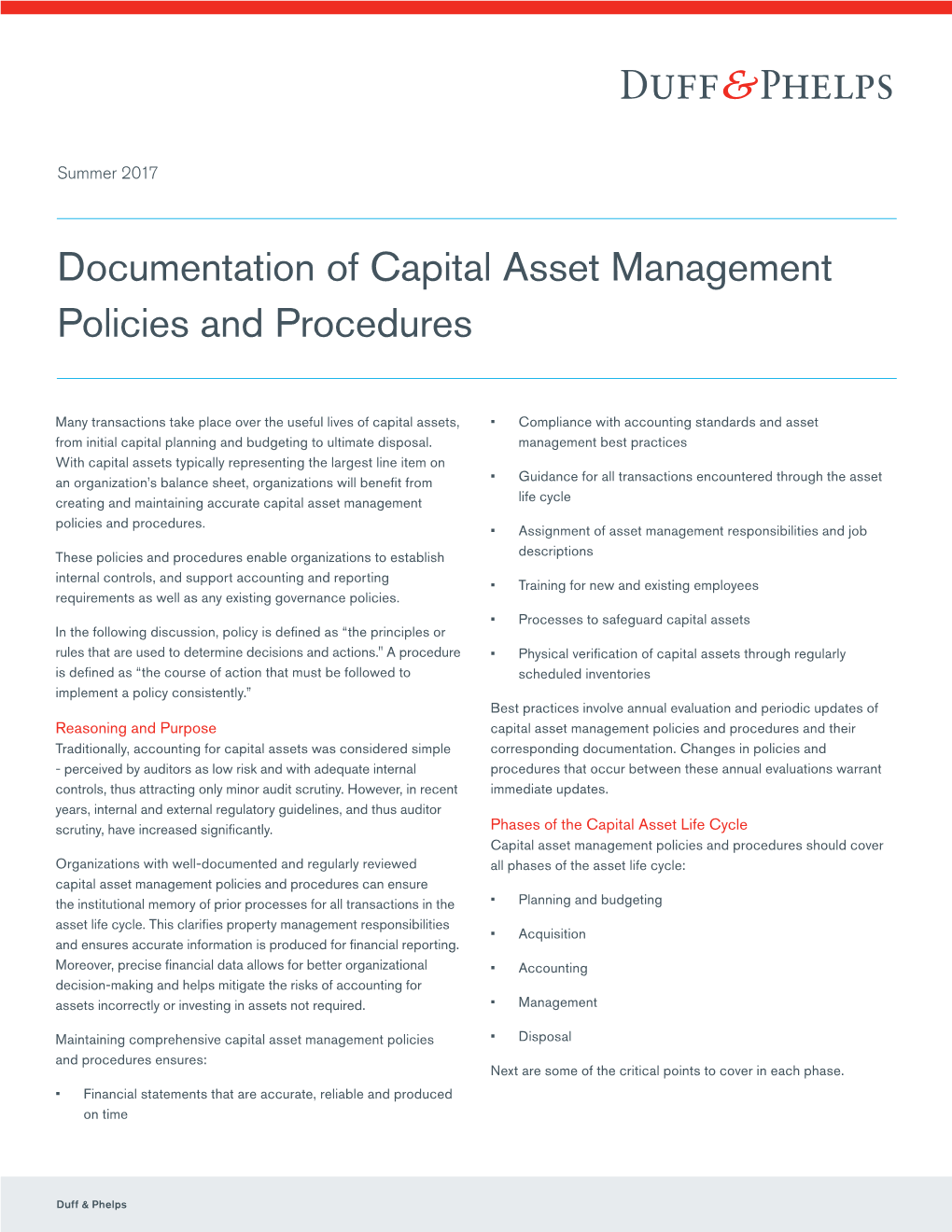 Documentation of Capital Asset Management Policies and Procedures