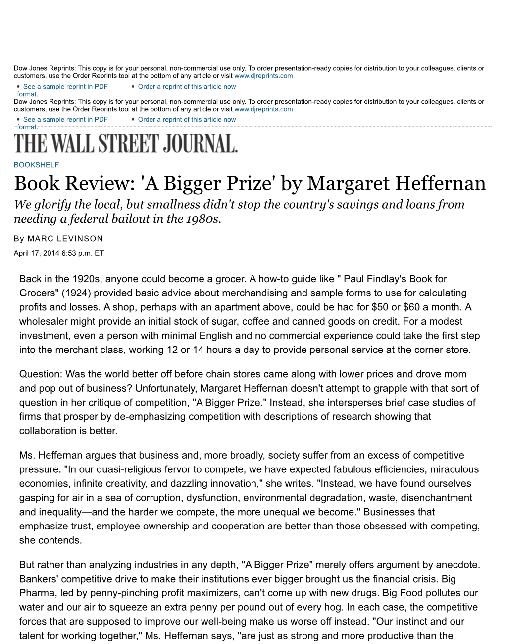 'A Bigger Prize' by Margaret Heffernan We Glorify the Local, but Smallness Didn't Stop the Country's Savings and Loans from Needing a Federal Bailout in the 1980S