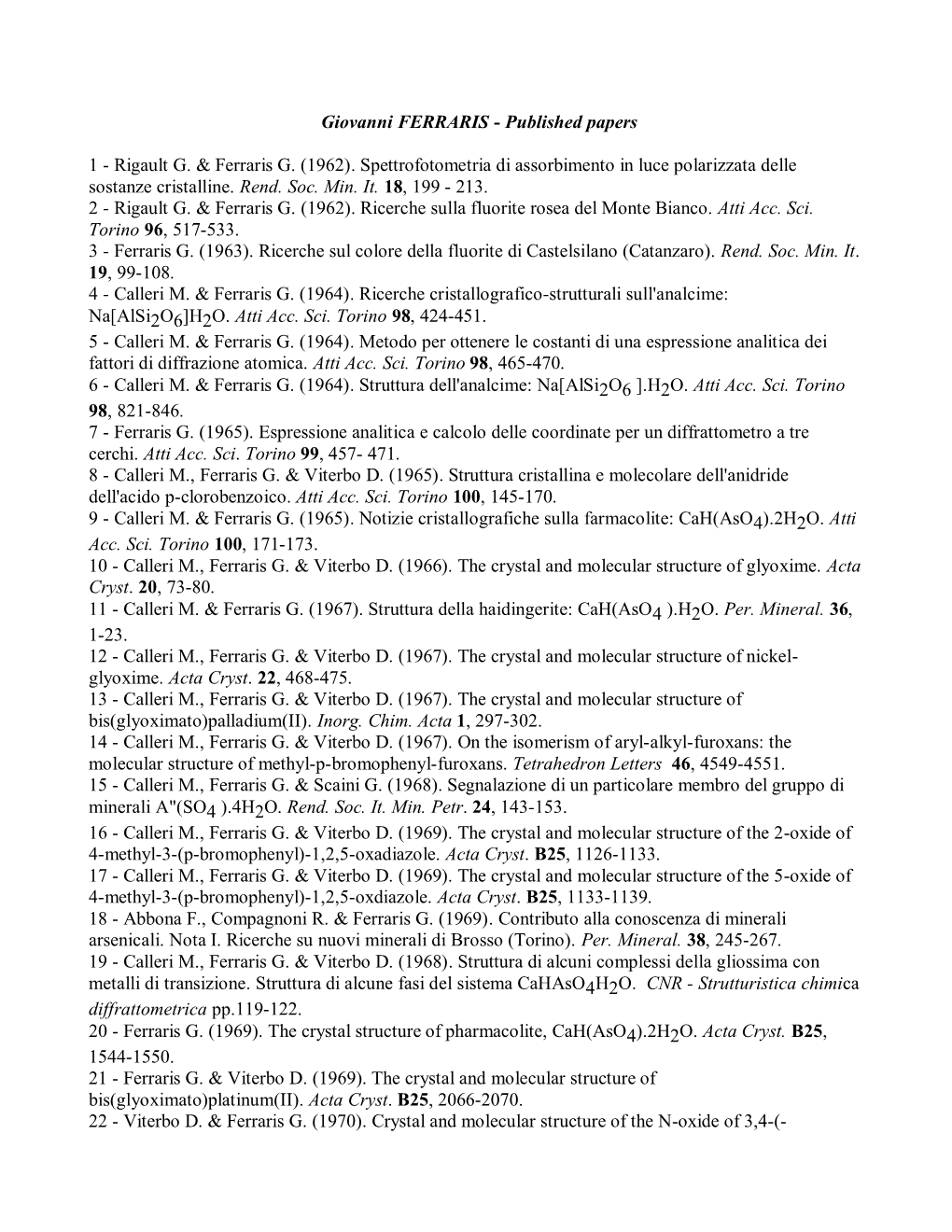 Lavori Scientifici Di Giovanni FERRARIS