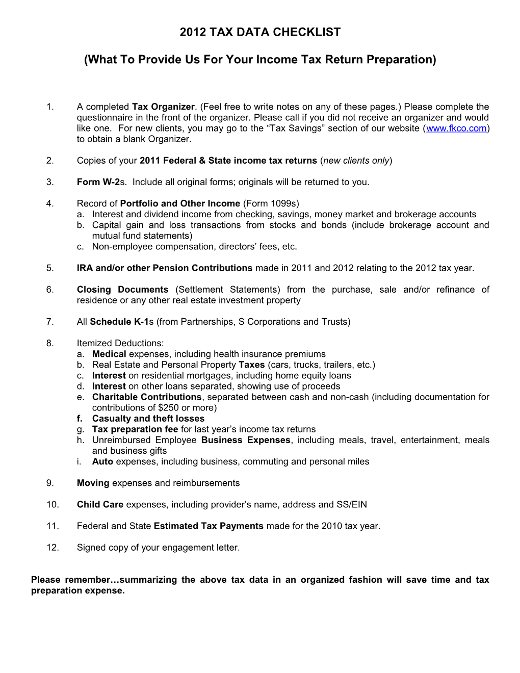 2004 Tax Data Checklist