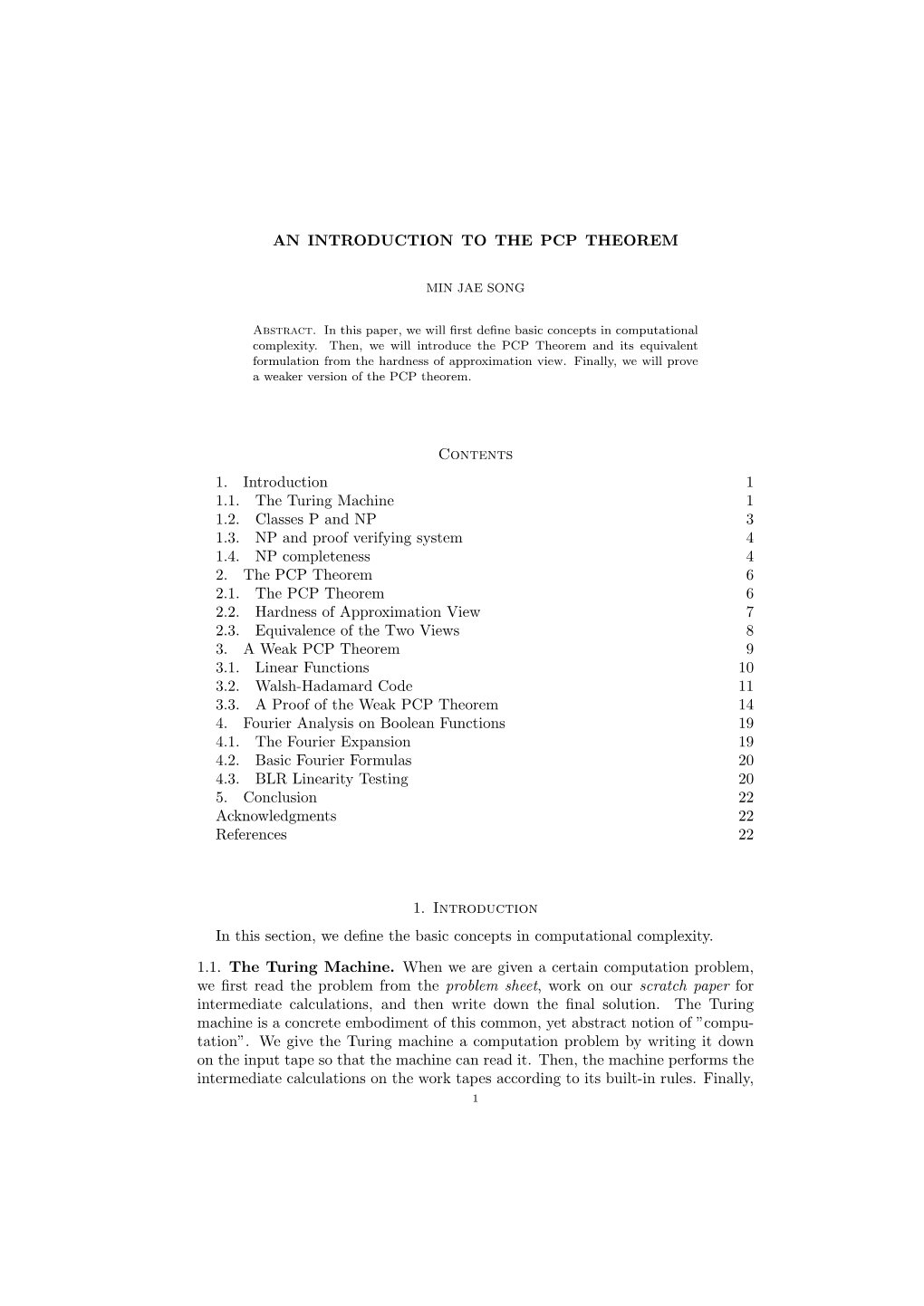 AN INTRODUCTION to the PCP THEOREM Contents 1. Introduction