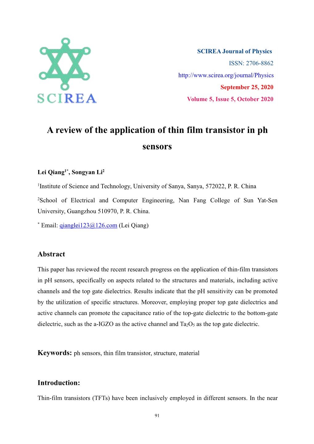 A Review of the Application of Thin Film Transistor in Ph Sensors