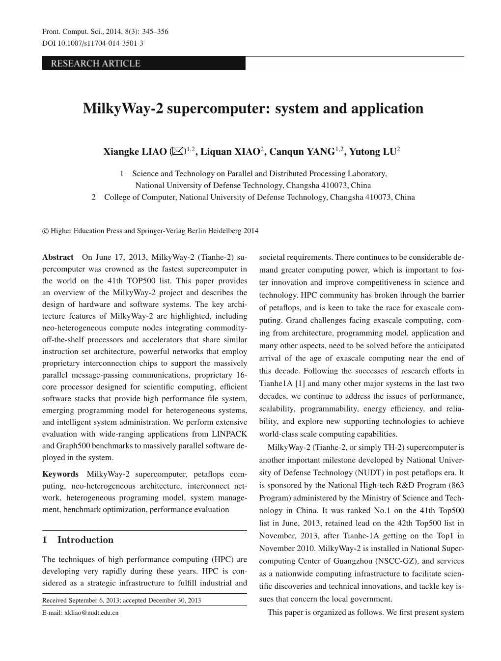 Milkyway-2 Supercomputer: System and Application
