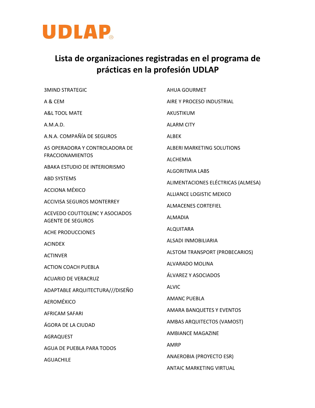 Lista De Organizaciones Registradas En El Programa De Prácticas En La Profesión UDLAP