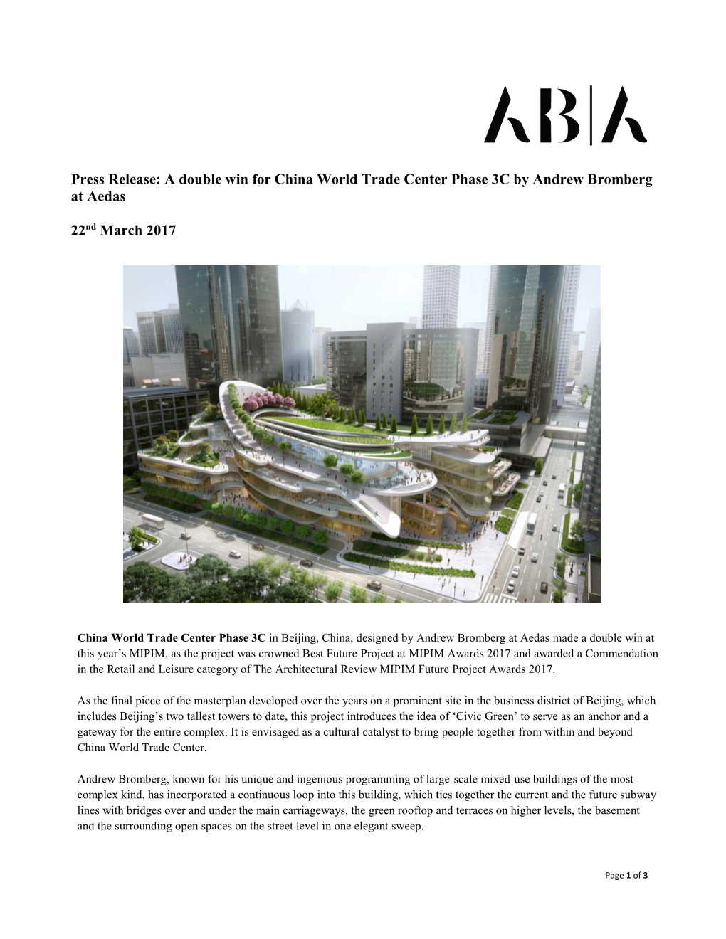 Press Release: a Double Win for China World Trade Center Phase 3C by Andrew Bromberg at Aedas