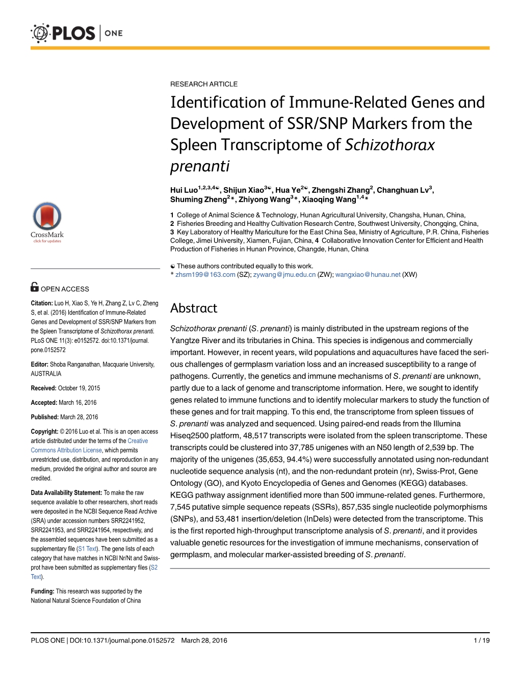 Identification of Immune-Related Genes and Development of SSR/SNP Markers from the Spleen Transcriptome of Schizothorax Prenanti