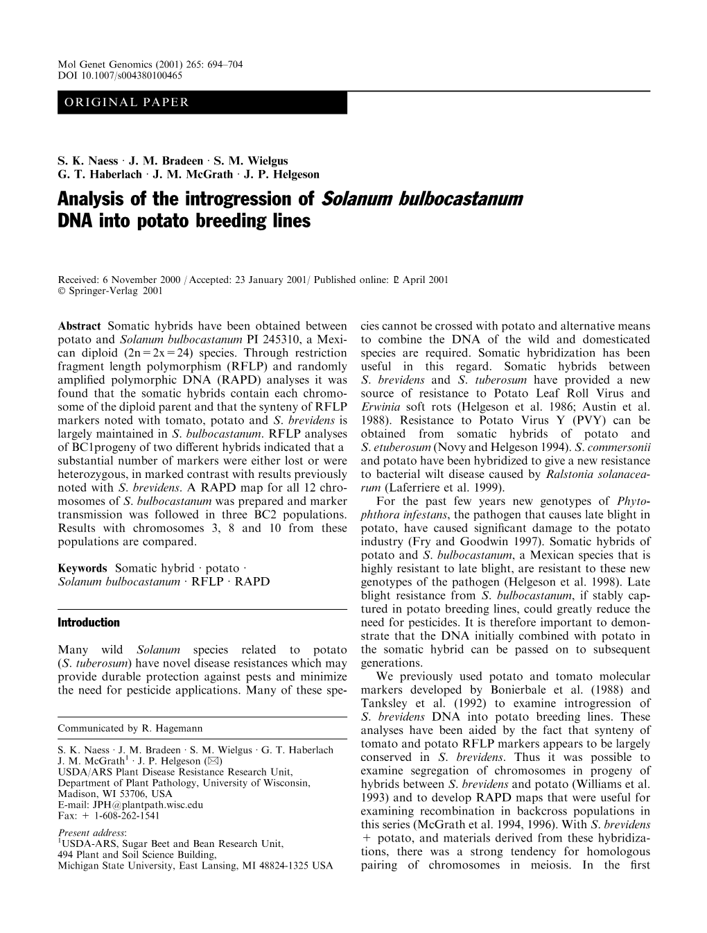 Analysis of the Introgression of Solanum Bulbocastanum DNA Into Potato Breeding Lines