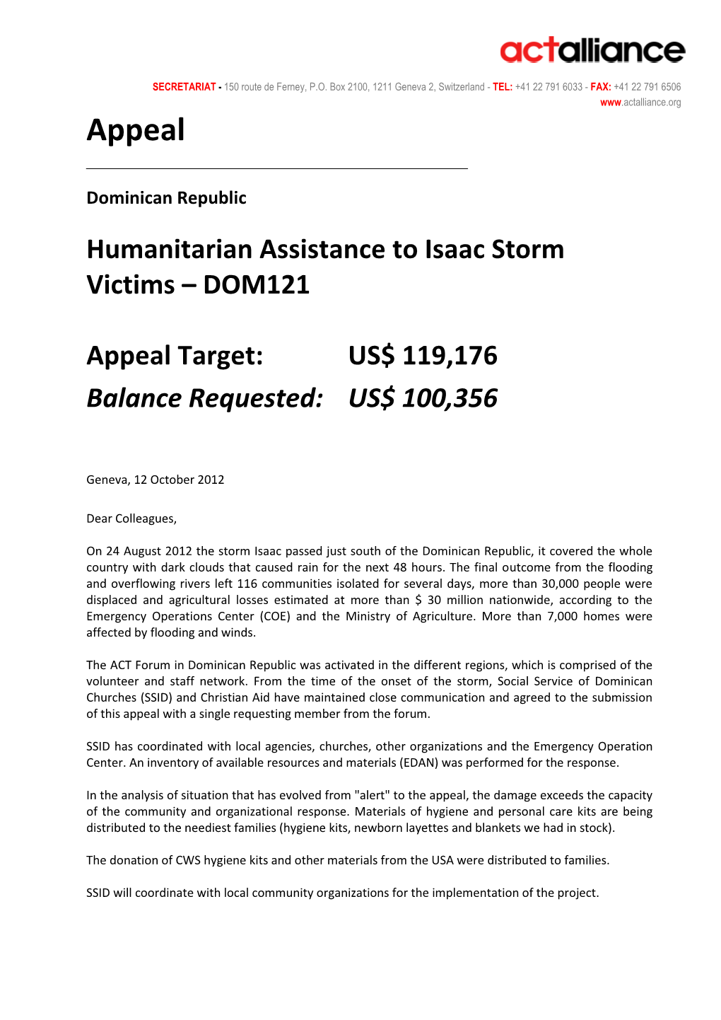 Appeal Dominican Republic Humanitarian Assistance to Isaac Storm Victims