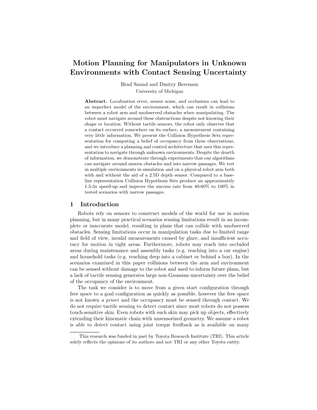 Motion Planning for Manipulators in Unknown Environments with Contact Sensing Uncertainty