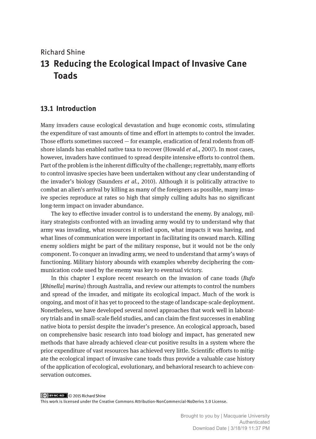 13 Reducing the Ecological Impact of Invasive Cane Toads