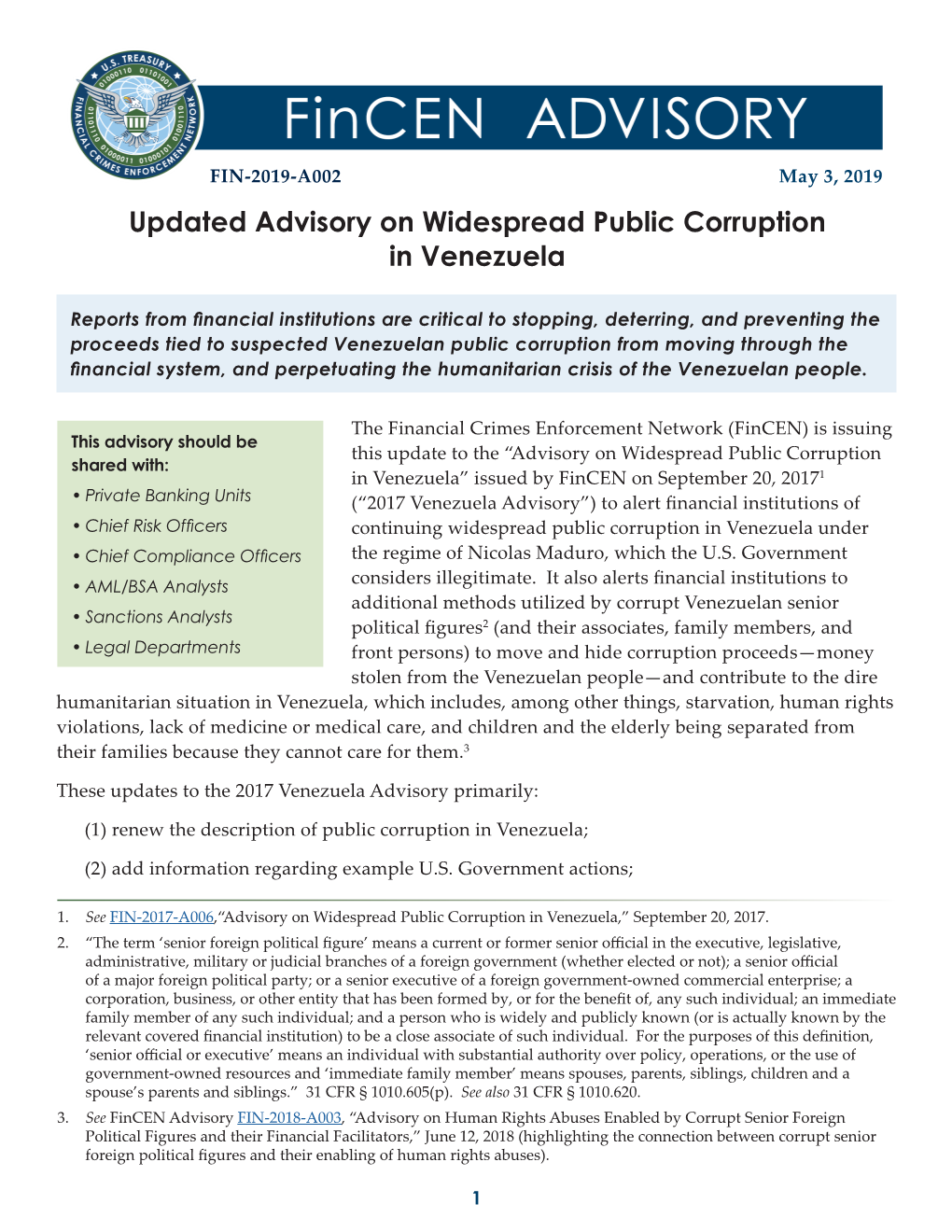 Updated Advisory on Widespread Public Corruption in Venezuela