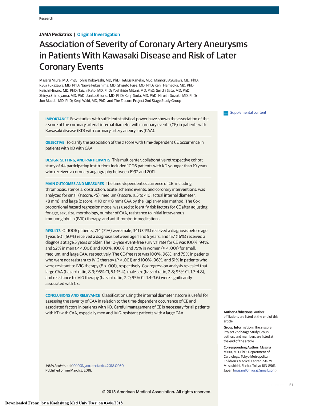 Association of Severity of Coronary Artery Aneurysms in Patients with Kawasaki Disease and Risk of Later Coronary Events