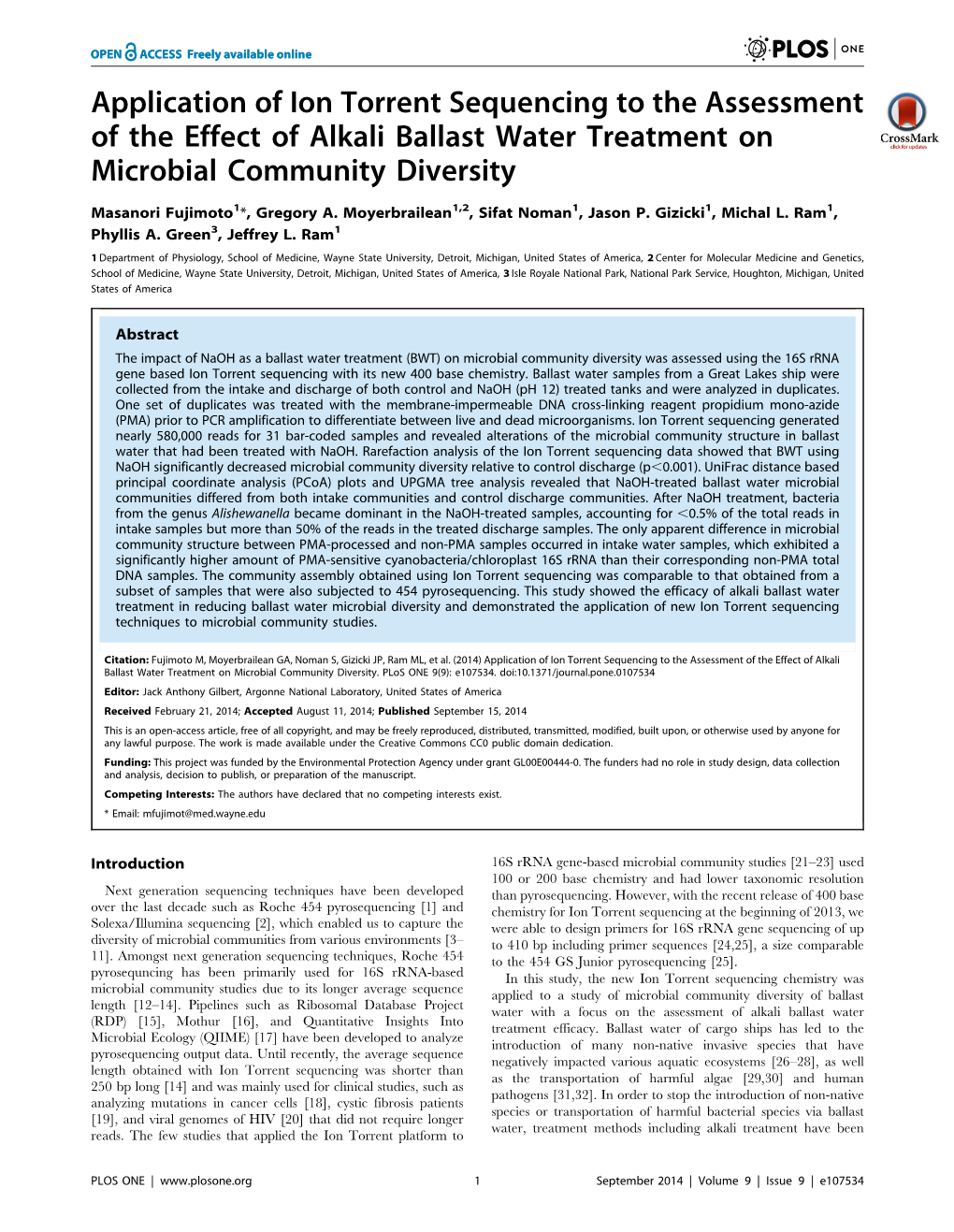 Application of Ion Torrent Sequencing to the Assessment of the Effect of Alkali Ballast Water Treatment on Microbial Community Diversity