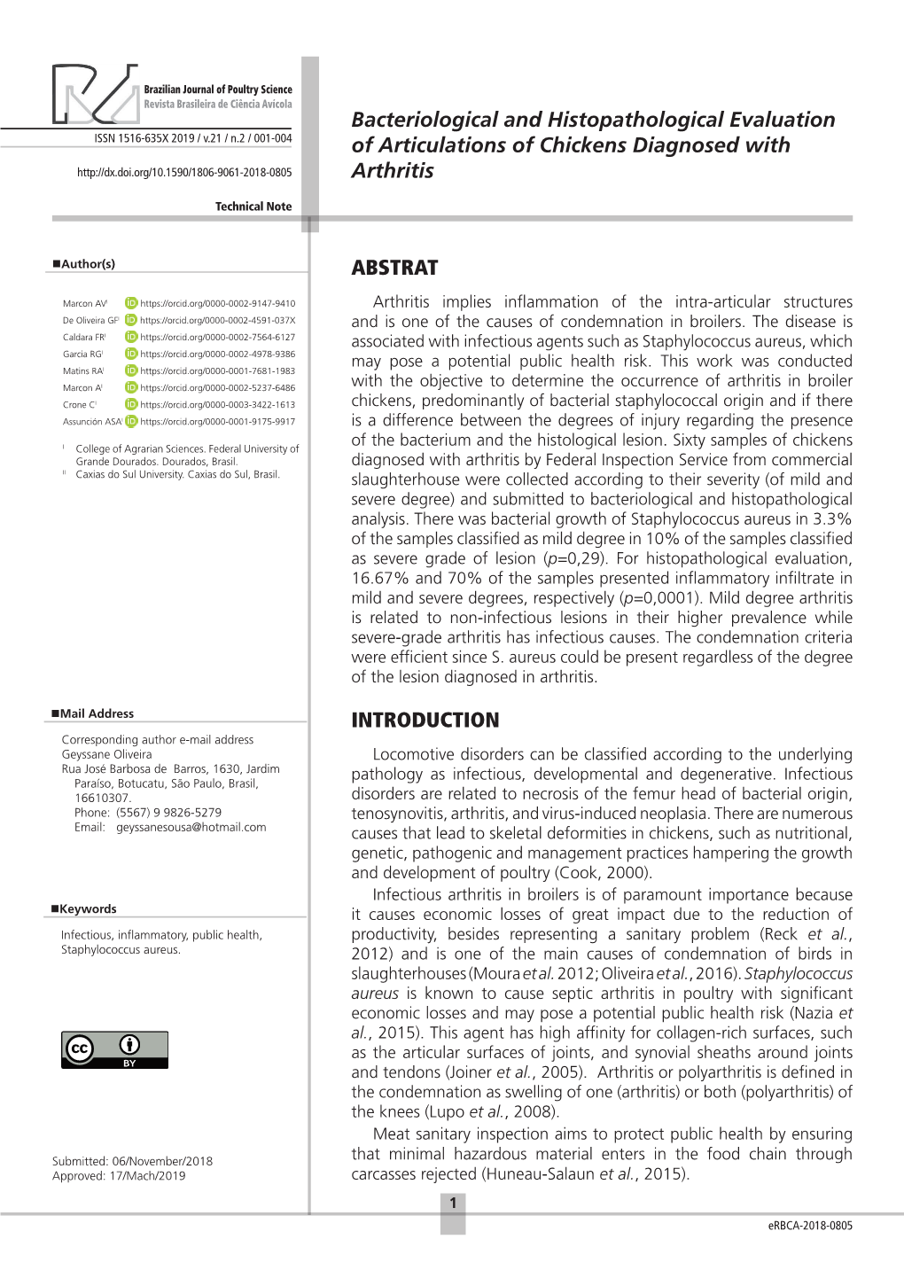 Bacteriological and Histopathological Evaluation of Articulations Of
