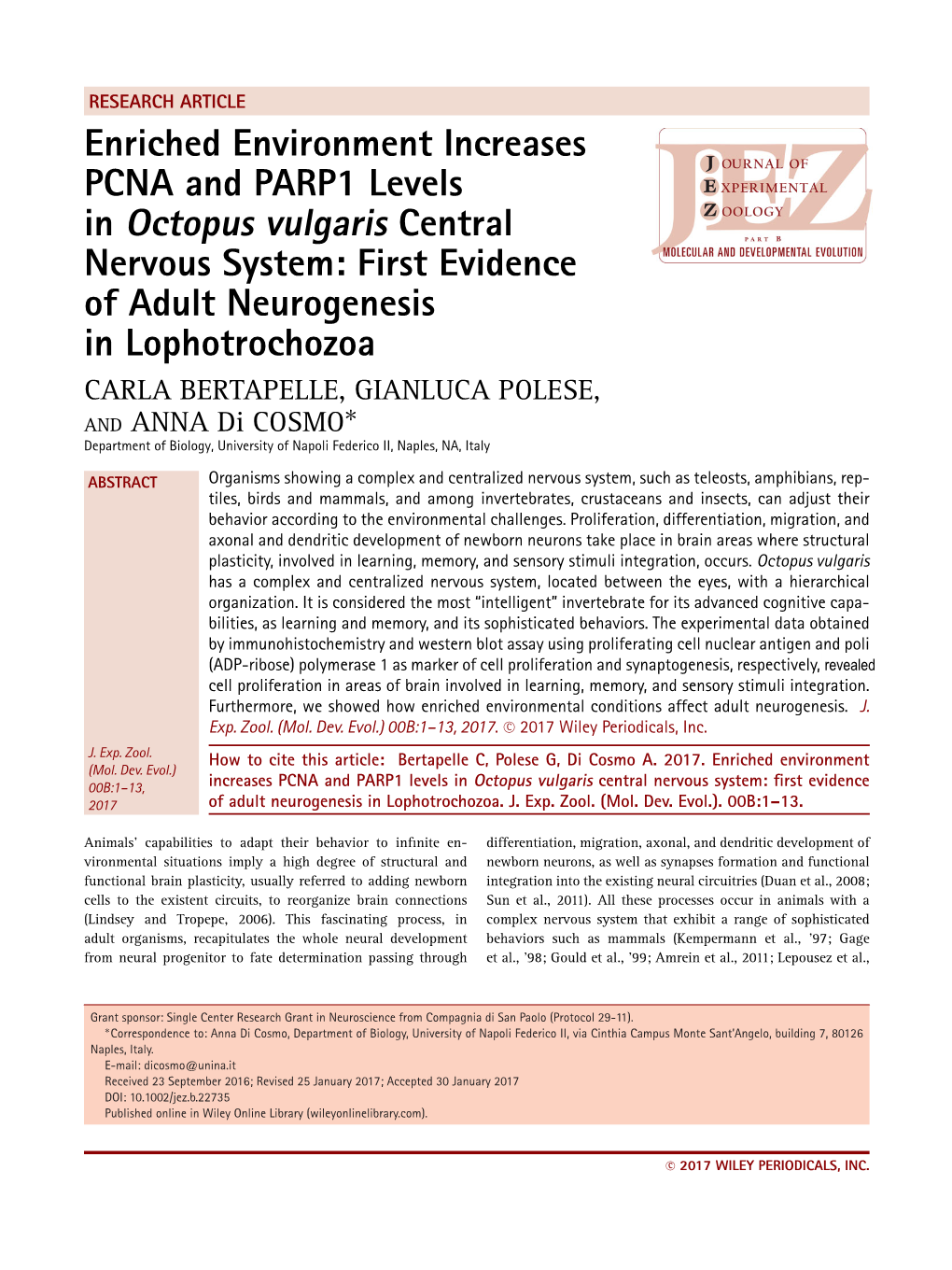Enriched Environment Increases PCNA and PARP1 Levels in Octopus Vulgaris Central Nervous System