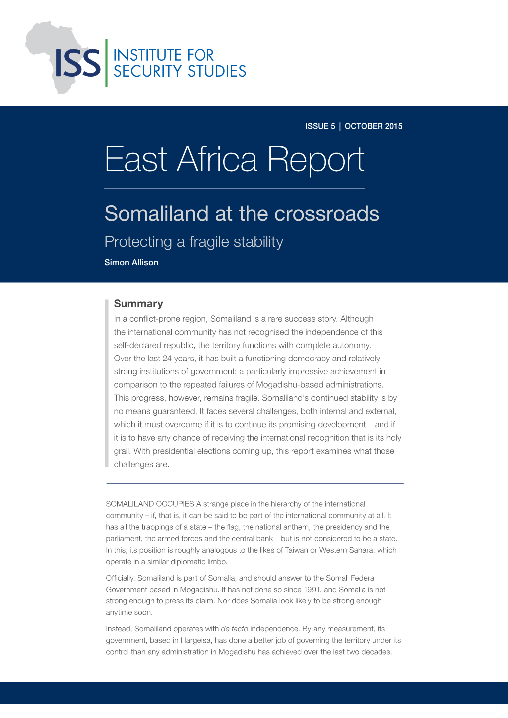 9237 ISS E Africa Report 5 Somaliland Crossroads.Indd