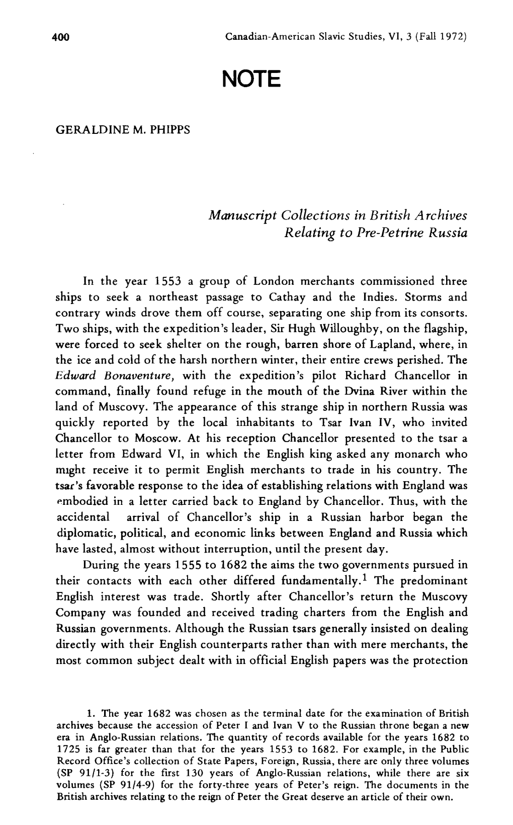 Manuscript Collections in British Archives Relating to Pre-Petrine Russia