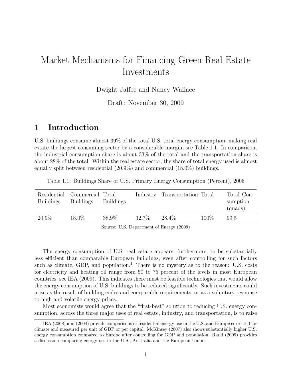 Market Mechanisms for Financing Green Real Estate Investments