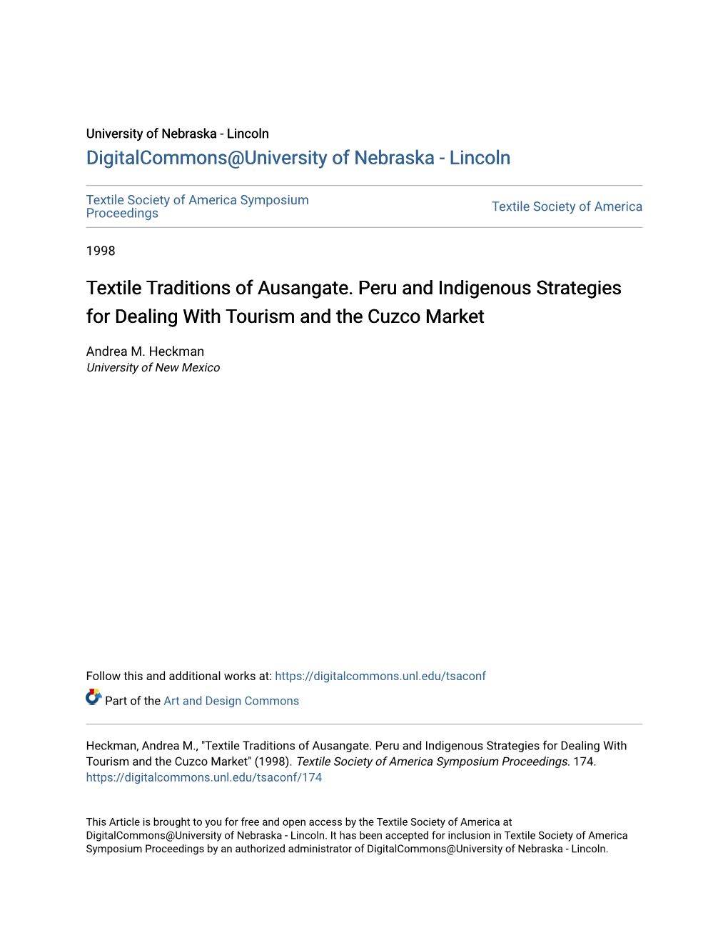 Textile Traditions of Ausangate. Peru and Indigenous Strategies for Dealing with Tourism and the Cuzco Market