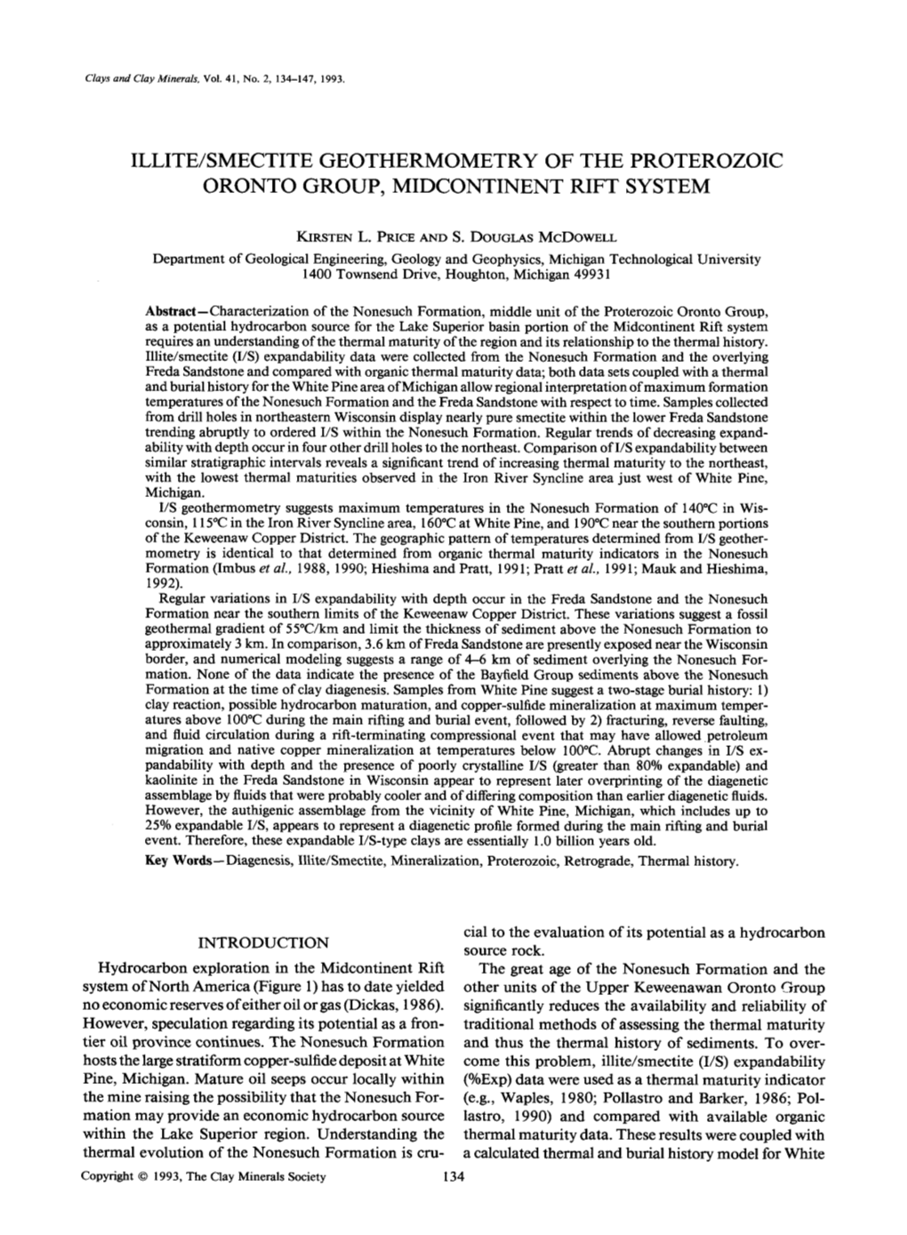 Illite/Smectite Geothermometry of the Proterozoic Oronto Group, Midcontinent Rift System