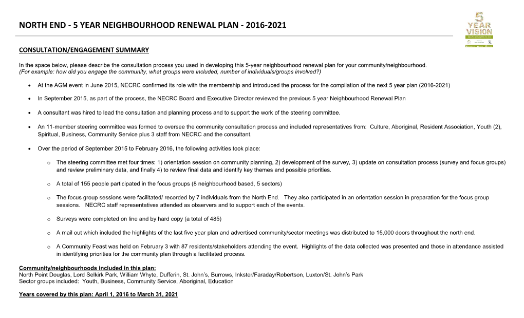 5 Year North End Community Renewal Plan 2016-To-2021