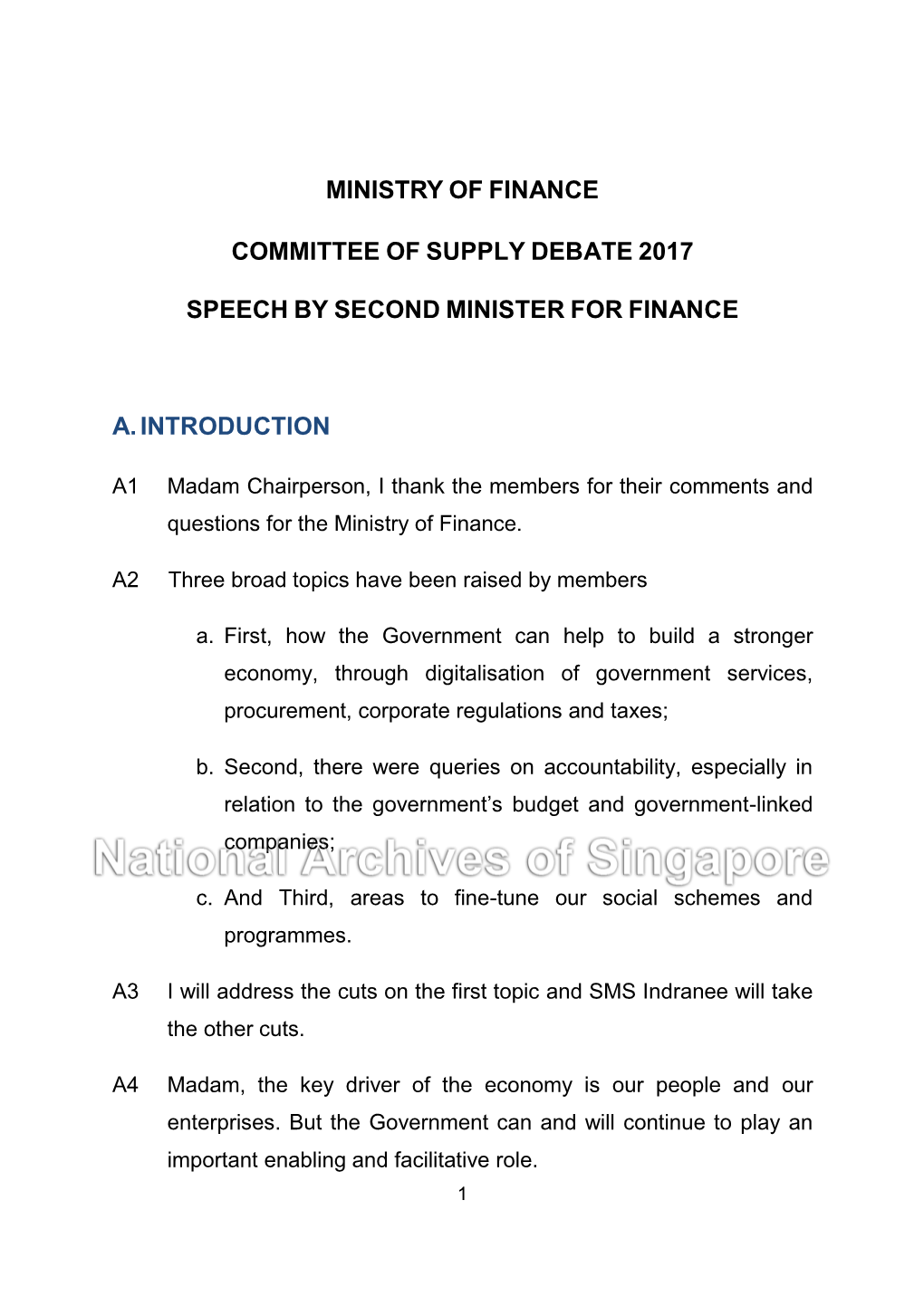 Ministry of Finance Committee of Supply Debate 2017