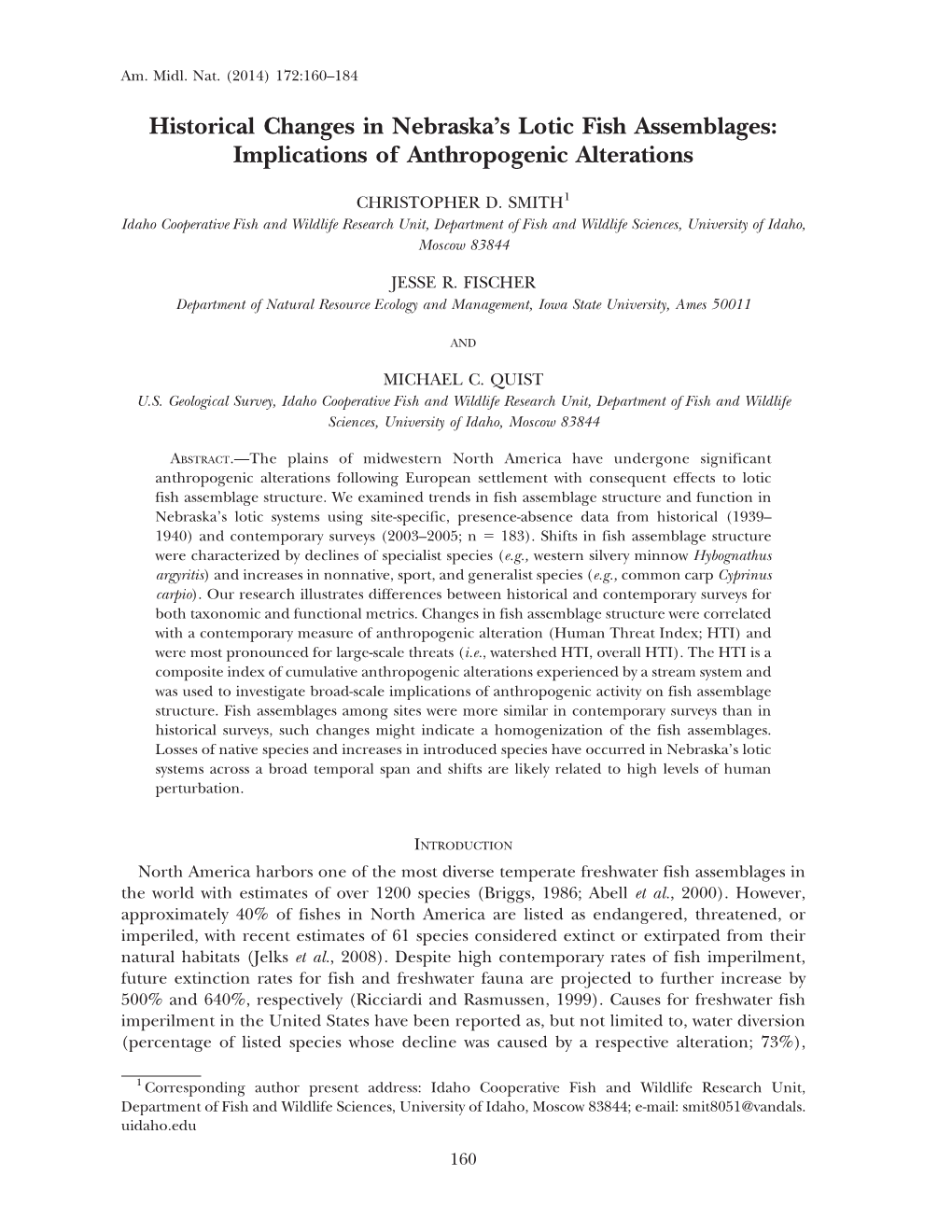 Historical Changes in Nebraska's Lotic Fish Assemblages