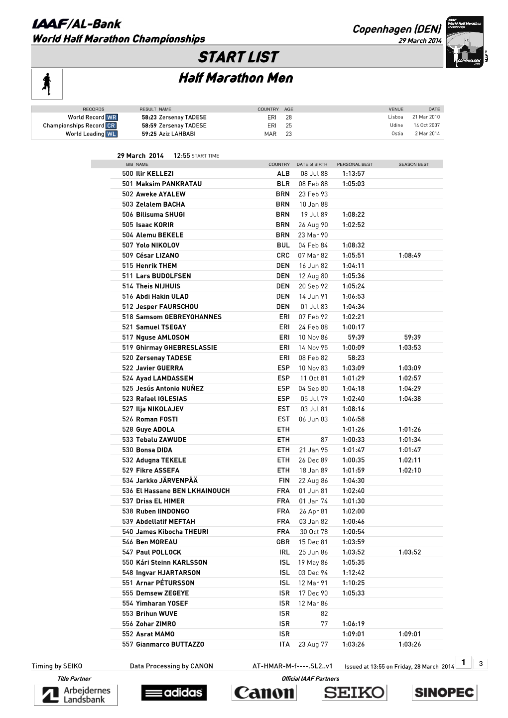 START LIST Half Marathon Men