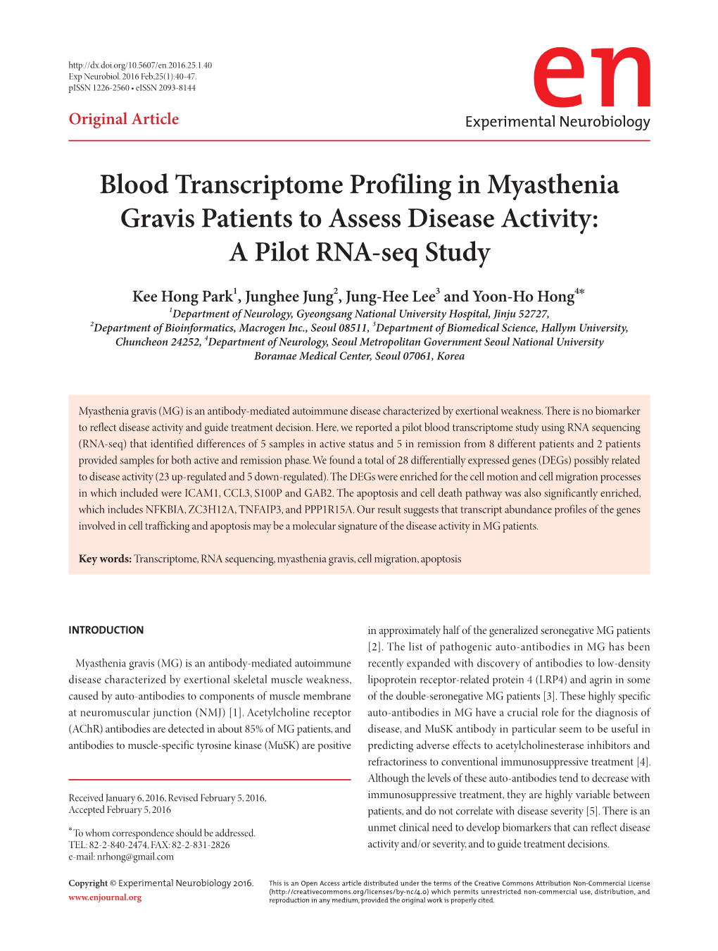 Blood Transcriptome Profiling in Myasthenia Gravis Patients to Assess Disease Activity: a Pilot RNA-Seq Study