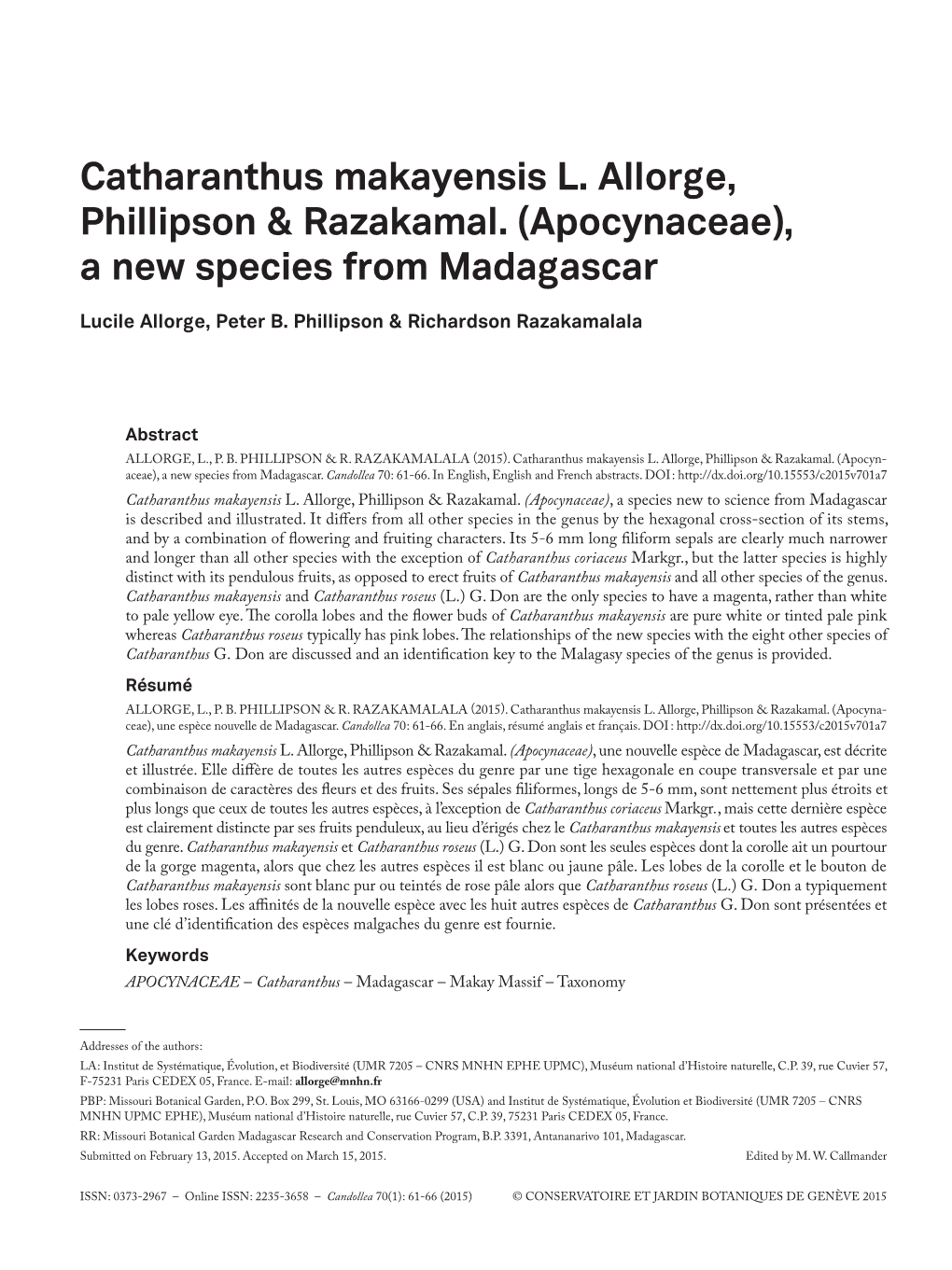 Catharanthus Makayensis L. Allorge, Phillipson & Razakamal