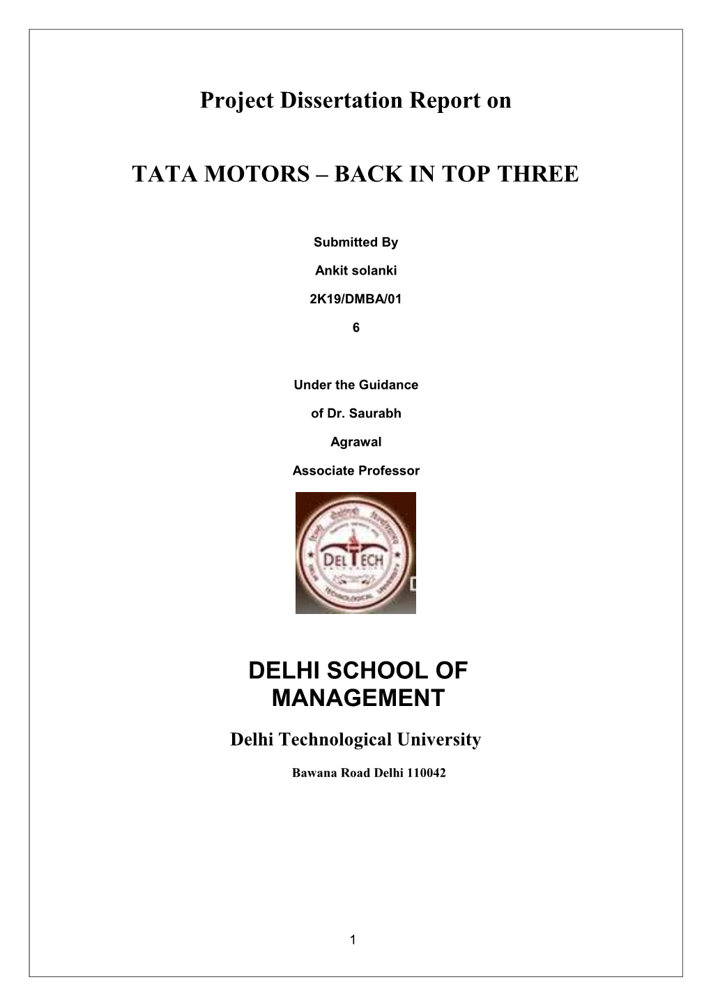 Project Dissertation Report on TATA MOTORS – BACK in TOP THREE