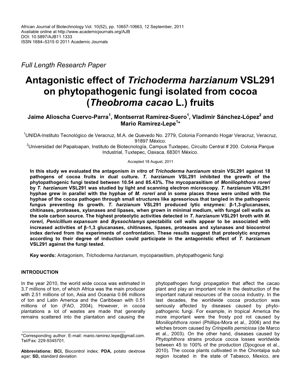 Antagonistic Effect of Trichoderma Harzianum VSL291 on Phytopathogenic Fungi Isolated from Cocoa (Theobroma Cacao L.) Fruits