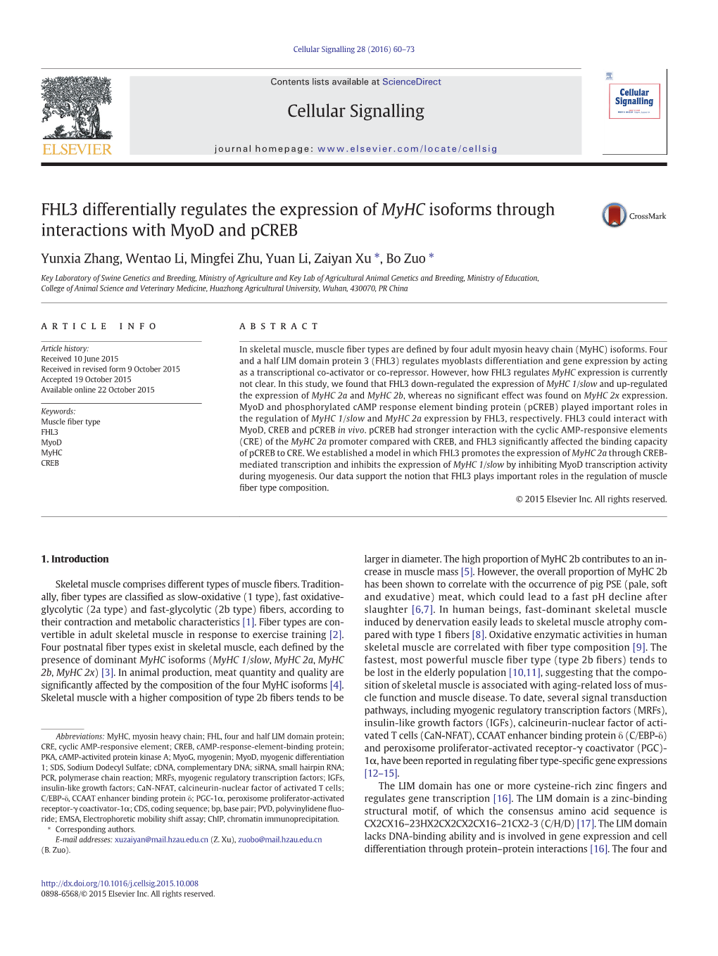 FHL3 Differentially Regulates the Expression of Myhc Isoforms Through Interactions with Myod and Pcreb