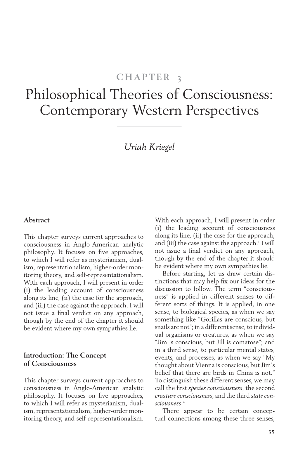 Philosophical Theories of Consciousness: Contemporary Western Perspectives