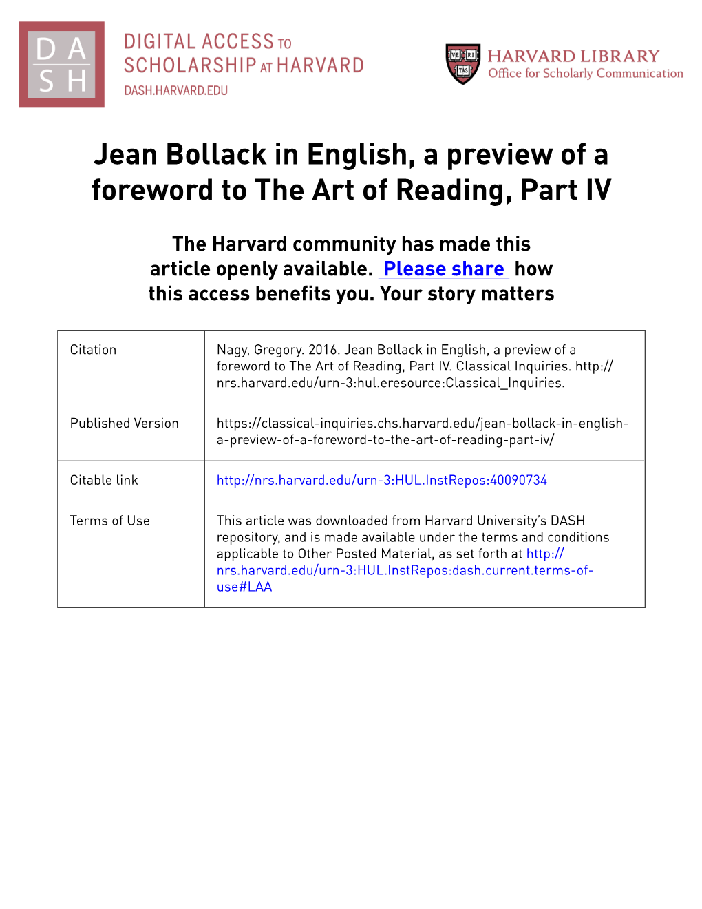 Jean Bollack in English, a Preview of a Foreword to the Art of Reading, Part IV