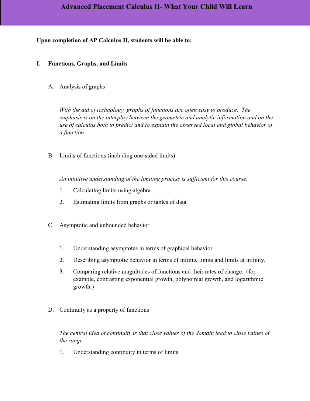 Advanced Placement Calculus II- What Your Child Will Learn