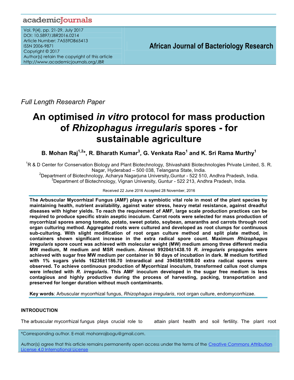 An Optimised in Vitro Protocol for Mass Production of Rhizophagus Irregularis Spores - for Sustainable Agriculture