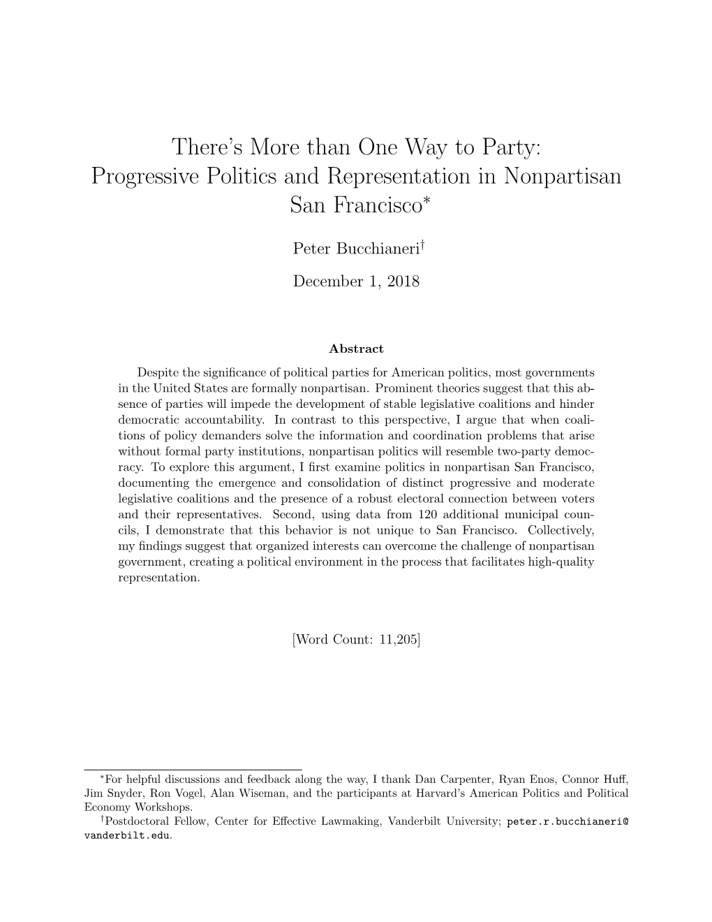 Progressive Politics and Representation in Nonpartisan San Francisco∗