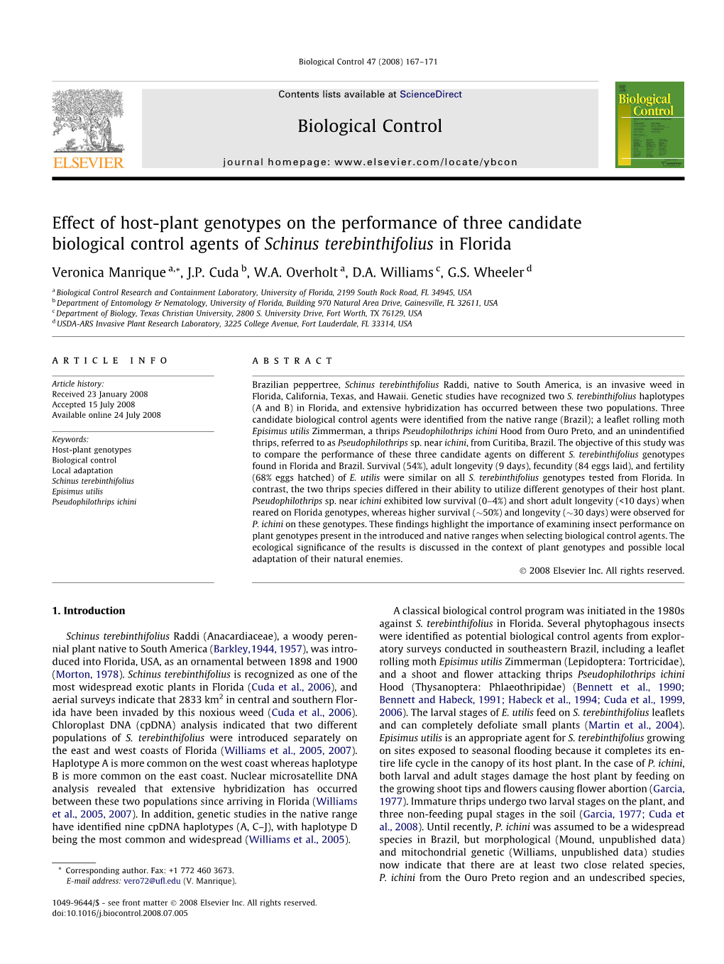 Effect of Host-Plant Genotypes on the Performance of Three Candidate Biological Control Agents of Schinus Terebinthifolius in Florida