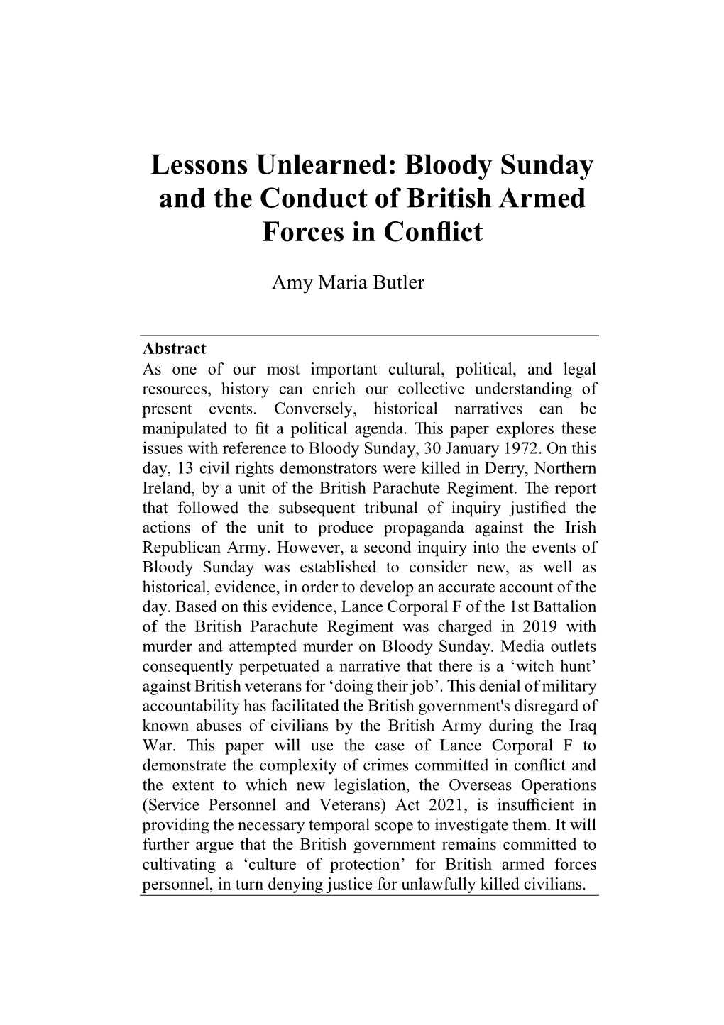 Lessons Unlearned: Bloody Sunday and the Conduct of British Armed Forces in Conﬂict