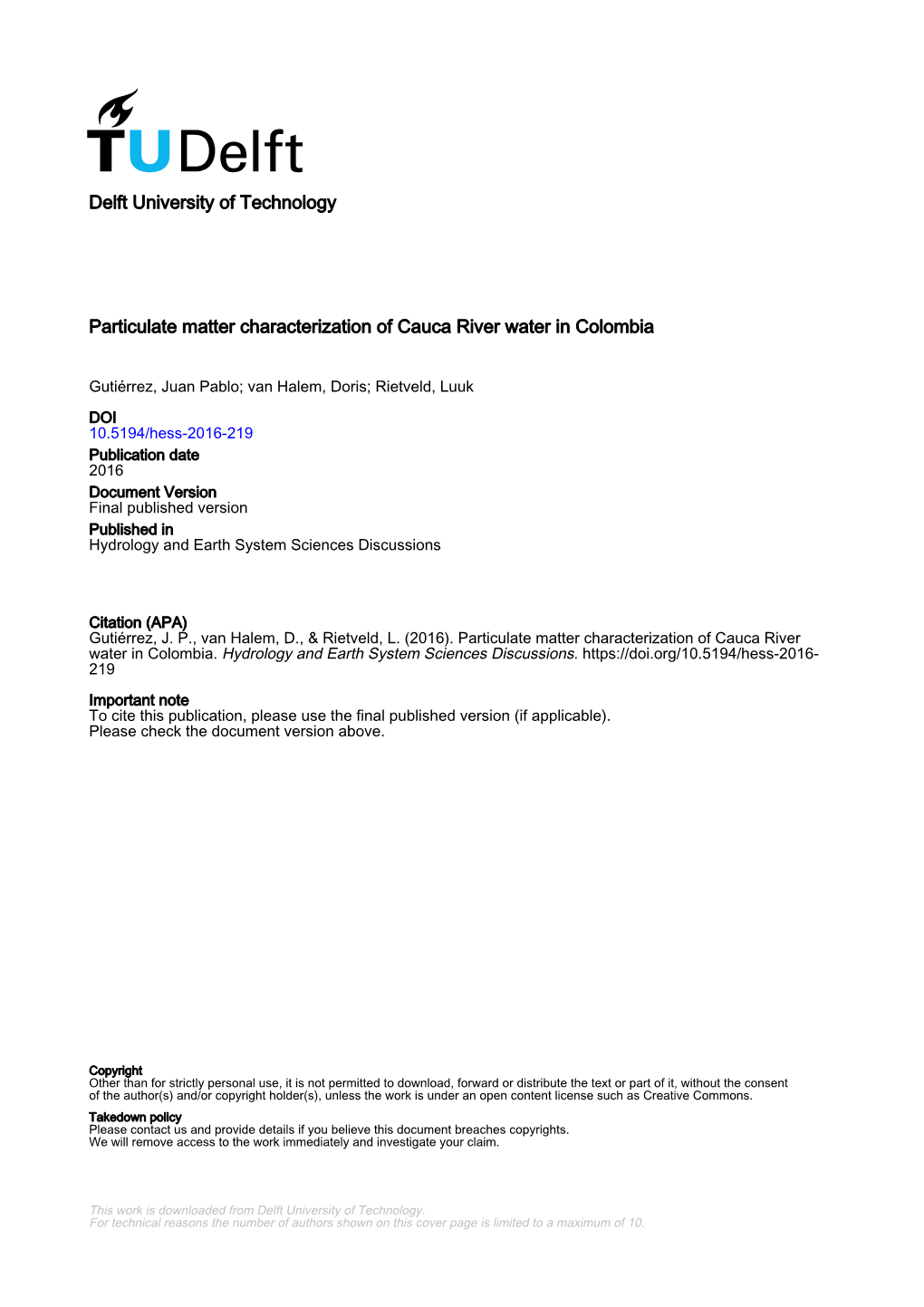 Delft University of Technology Particulate Matter Characterization