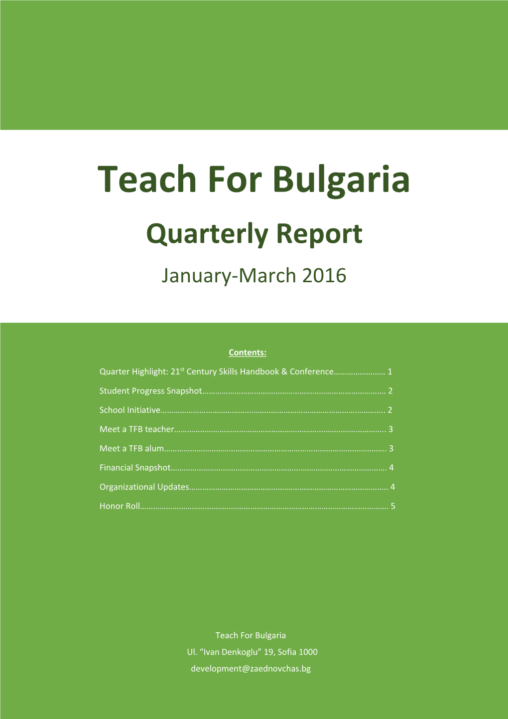 Teach for Bulgaria Quarterly Report January-March 2016