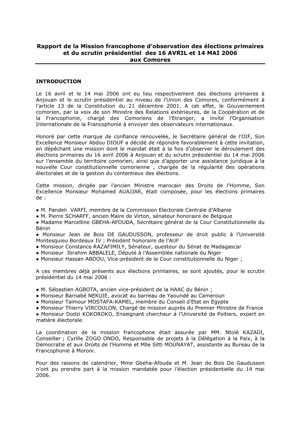 Comores-Rapport De La Mission D'observation Des Élections