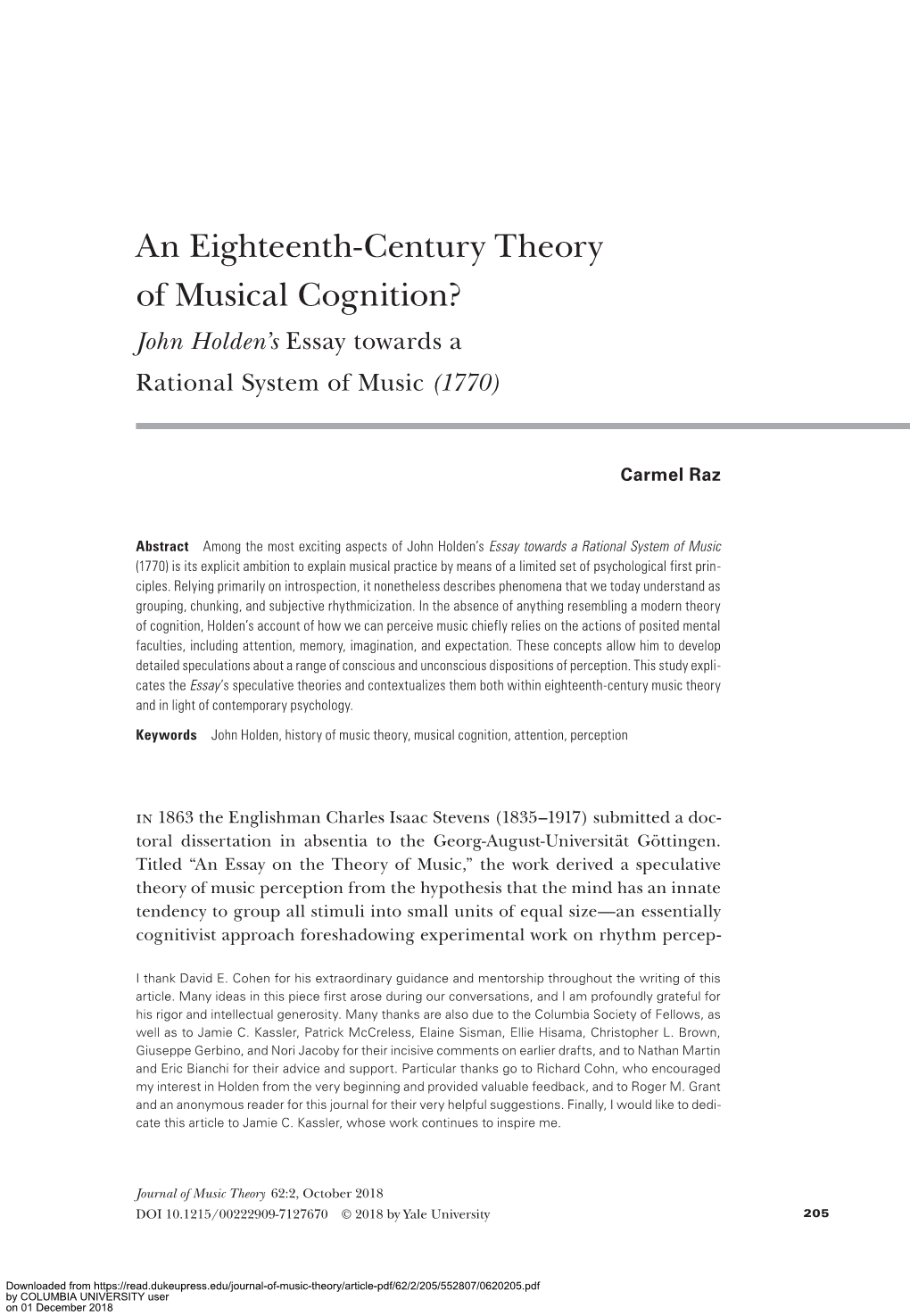 An Eighteenth-Century Theory of Musical Cognition? John Holden’S Essay Towards a Rational System of Music (1770)