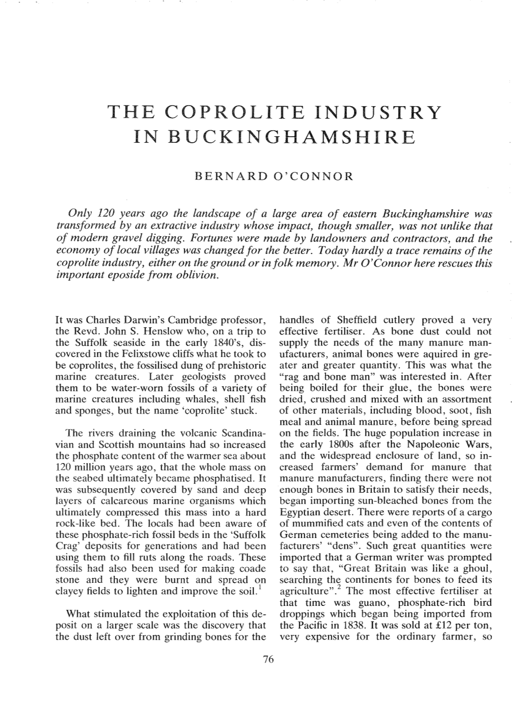The Coprolite Industry in Buckinghamshire. Bernard O'connor
